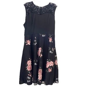Black sleeveless floral dress with lace top size 14